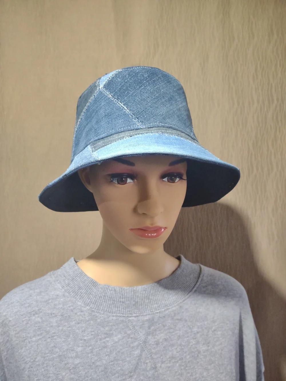 Handmade Upcycled Reversible Patchwork Denim & Navy Bucket Hat - Picture 2 of 12